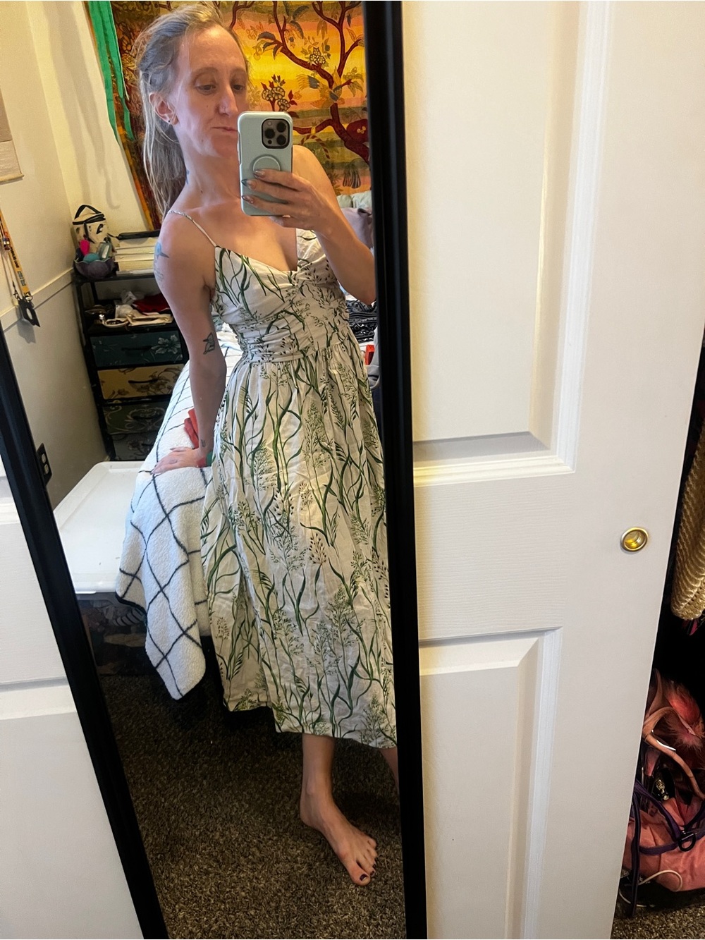 H&M White Sundress with Green Botanical Print
